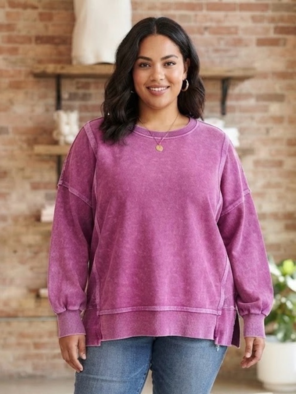 Zenana Outfitters Washed Mauve Crewneck Pullover